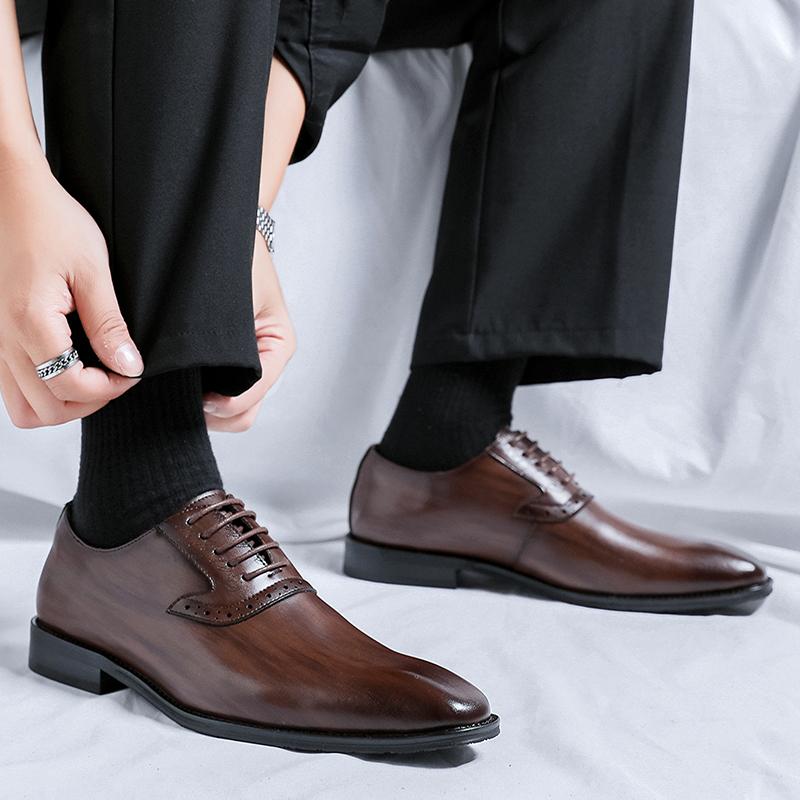 Korean Style Men's Pointed Formal Wear Comfortable Small Leather Shoes Spring Men's Retro Lace Up Business Casual Leather Shoes