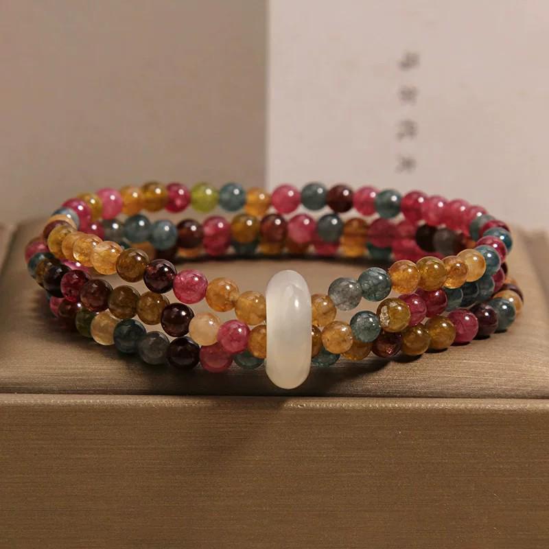 New Chinese Style Multi-Strand Tourmaline Bracelet for Women: Light Luxury, High-End, Versatile, with Exquisite Safety Buckle.