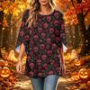 Women's Halloween Printed Casual Loose Fit Round Neck Three-Quarter Sleeve Top