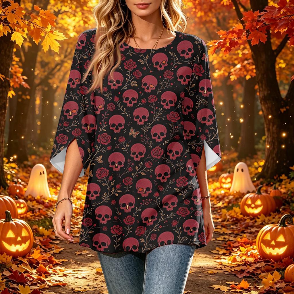 Women's Halloween Printed Casual Loose Fit Round Neck Three-Quarter Sleeve Top