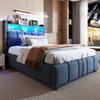 Letto imbottito 90*200cm con illuminazione LED e porta USB, testiera con ripiani, con contenitore idraulico, letto singolo per bambini, grigio lino