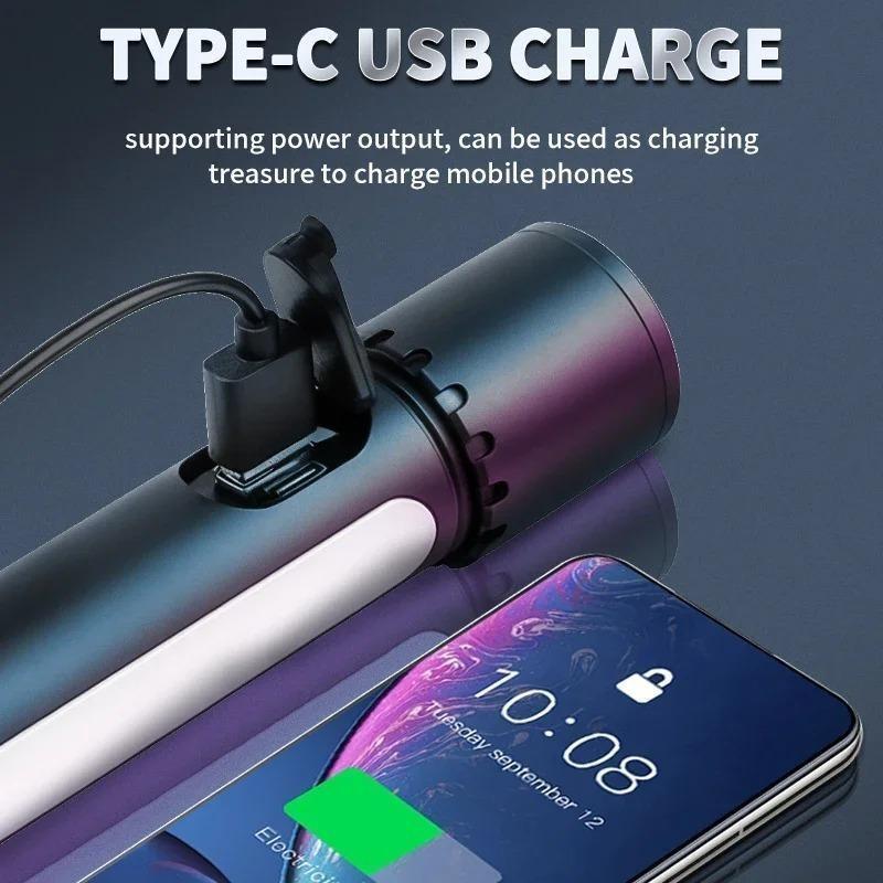 Type-C Rechargeable Multifunctional Outdoor Telescopic Zoom Flashlight Multifunctional Dual Light Source with Side Lamp