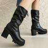 Fashion Fashion Classic Lady Winter Mid Calf Solid Boots Brand High Heel Boots Women Block Heel Platform Round Toe Shoes Woman Black