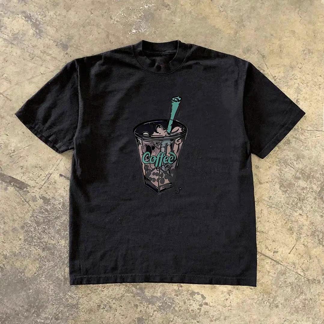 

Commerce Extérieur Américain Vintage Café Lourd T-shirt À Manches Courtes Imprimé En Coton Haut Polyvalent Pour Hommes Et Femmes 4XL