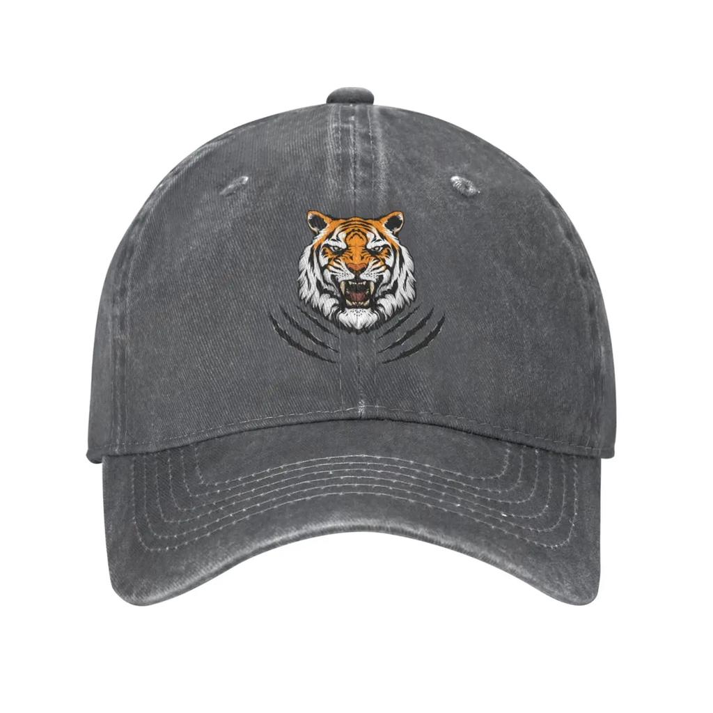 Tiger Head Vintage Washed Denim Cotton Low Profile Mens Dad Trucker Hat Black Fitted Baseball Ball Cap for Men Unisex Headwear