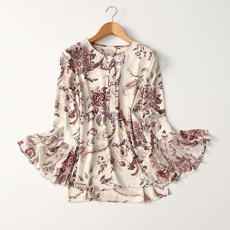 Export Export French Style Print Pleated Bell Sleeve Patchwork Half Button Pendant Chiffon Shirt for Women Spring & Fall