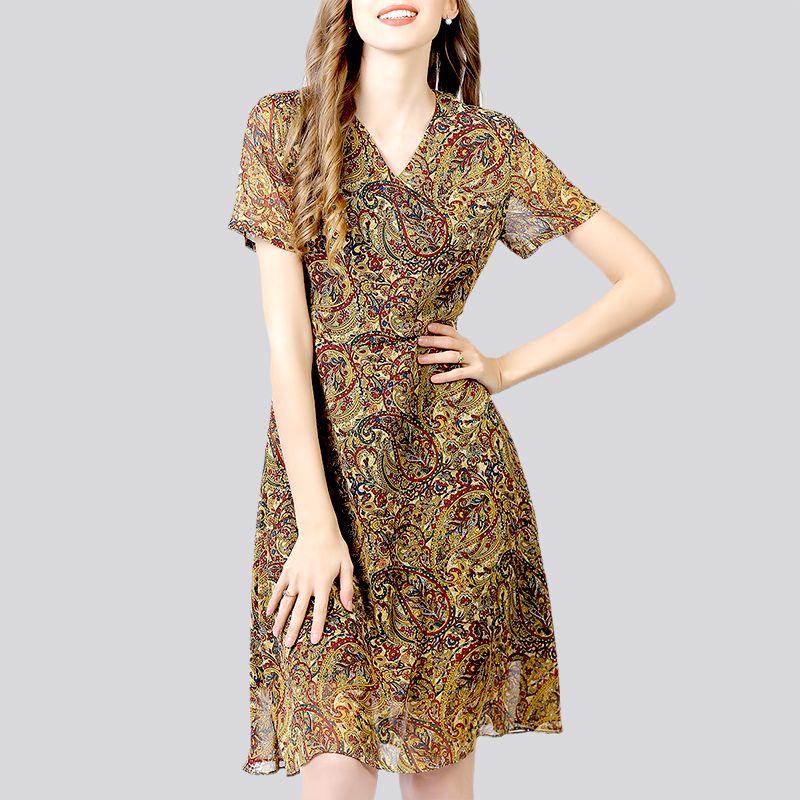 

Women s Chic HANAJIRUSHI Light Chiffon Dress Yellow 4XL