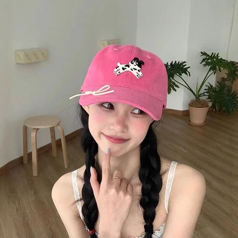 Cute Dog Baseball Cap For Women Outdoor Sunshade Duck Tongue Caps Sweet Bow Peaked Hat Big Brim Adjustable Girl Sunscreen Visors
