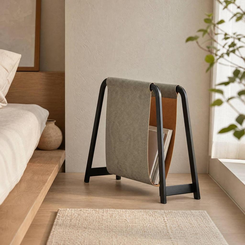 A-Shape Magazine Rack with Leather Sling Modern for Office, Entryway