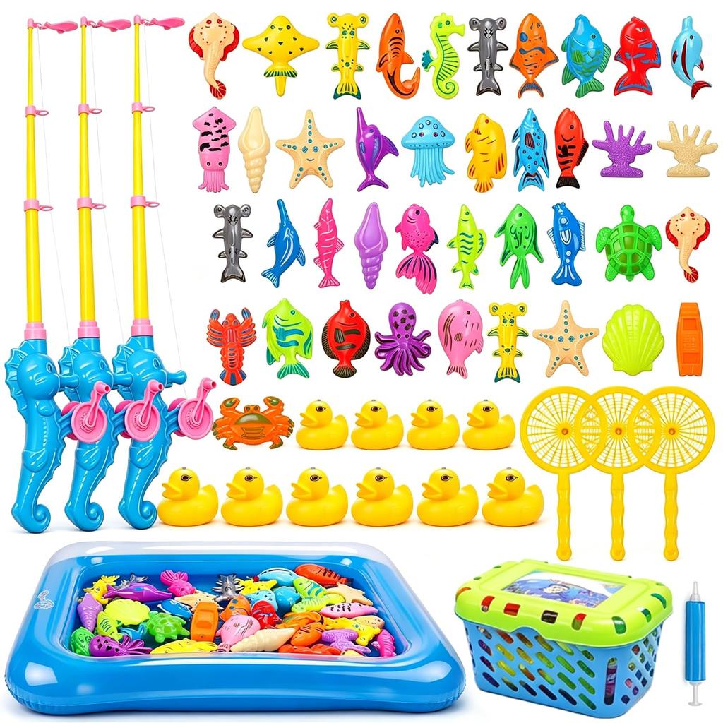 Funk Doggie Magnetic Fishing Toy, Water Play Bath Toy, Fishing Game for Pool, with Fishing Rod and Net, Storage Case, 73-Piece Set, Popular with Boys