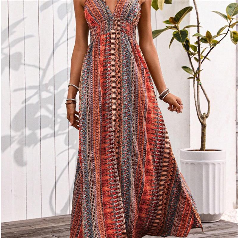 Strap Print Dress Women A line Sleeveless Waist Deep V Spring Summer S-XL