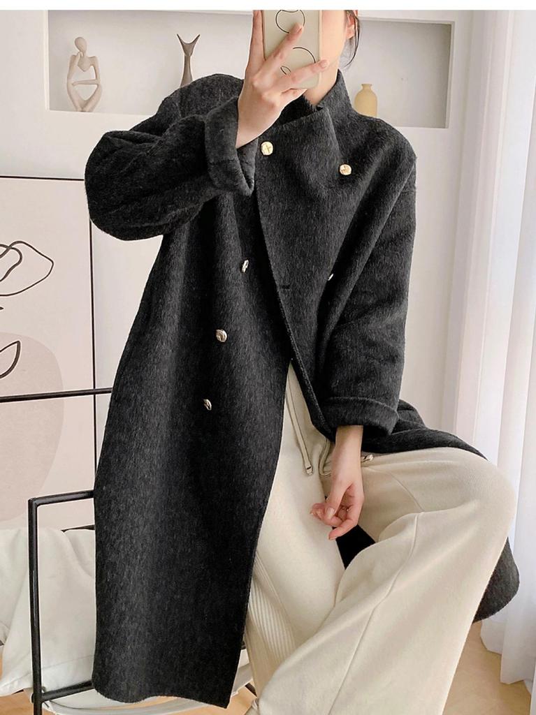 Korean Style Double-Breasted Wool Cashmere Coat for Women - Autumn/Winter, High-End Feel, Stand Collar, Light Luxury.