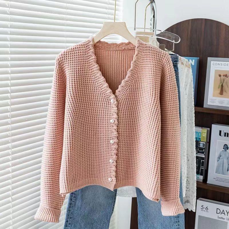 Waffle Knit Cardigan Women Spring Autumn Round Neck Versatile Sweater Fashion Top