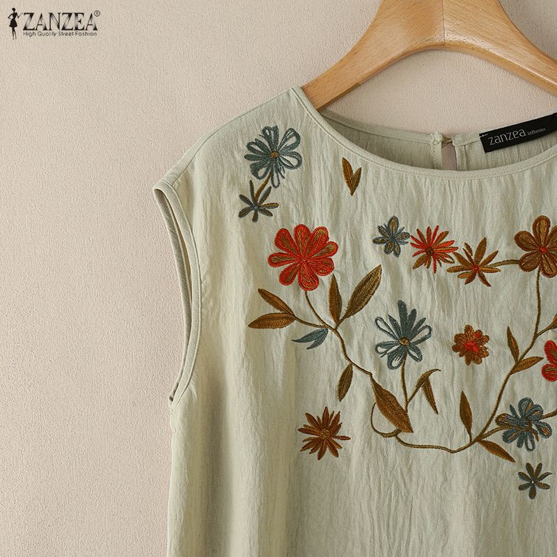 ZANZEA Women Casual Round Neck Floral Print Loose Sleeveless Tank Tops