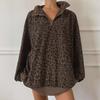 Leopard Print Half Zip Pullover with Stand Collar