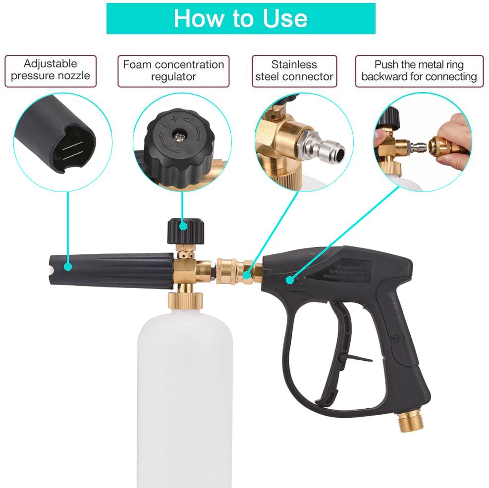 High Pressure Snow Foam Jet Lance Sprayer for Car Washer Cleaning Tools 1L Soap Bottle Cleaning Water Gun with 5 Spray Nozzles