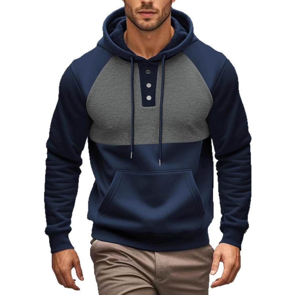 New Casual Men's Hooded Sweatshirt Contrasting Color Splicing Plus Velvet Pullover Handsome Top