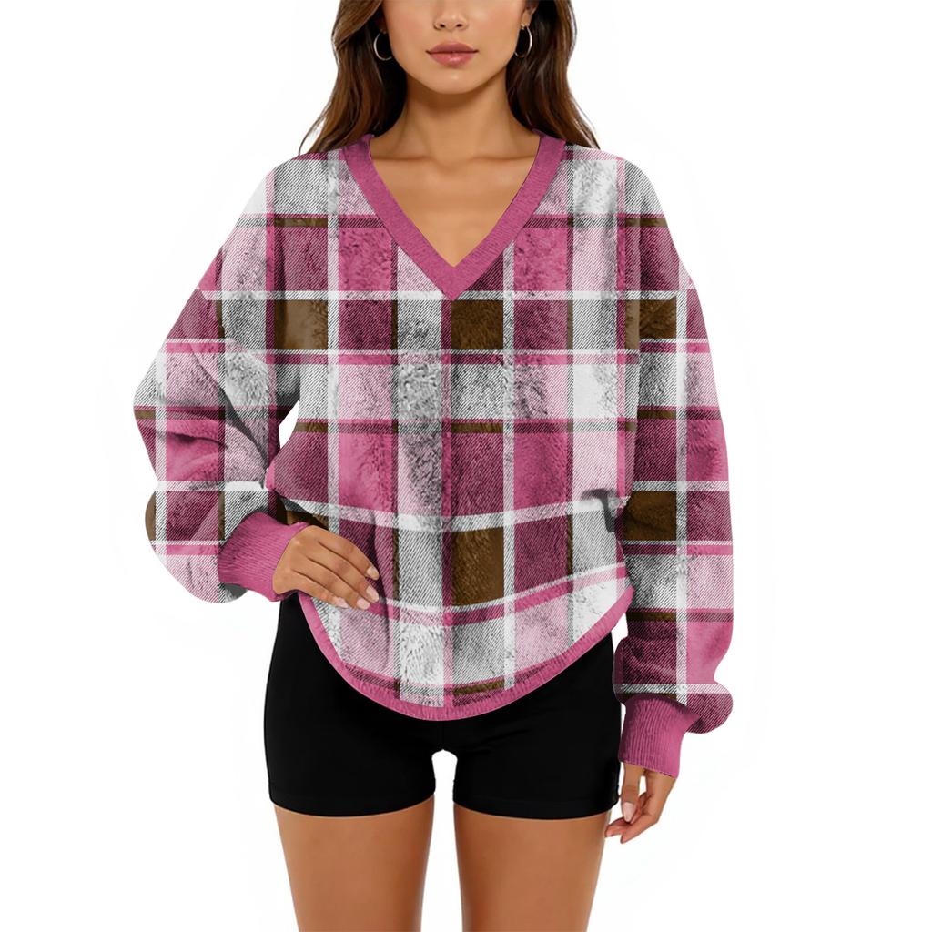 Women's V-Neck Sweatshirt Plush Solid Color Casual Fashion Long Sleeve With Pocketed Pullover Top