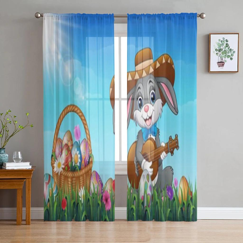 Ostern Gras Kaninchen Tüll Vorhang für Wohnzimmer Sheer Volant Vorhang für Küche Schlafzimmer Fenster Vorhänge