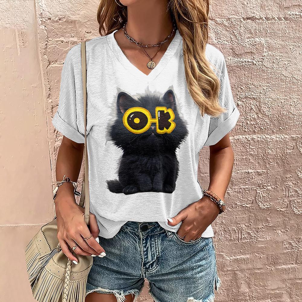 

Летняя женская футболка с принтом кота, повседневные футболки с короткими рукавами и 3d принтом, модная уличная одежда, пуловер с v-образным вырезом, женская одежда оверсайз 6XL