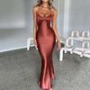 Women's V Neck Sleeveless Maxi Dress Slim Fit High Waist Mermaid Dress Satin Spaghetti Strap Criss Cross Back Tie Backless Wedding Party Long Dress