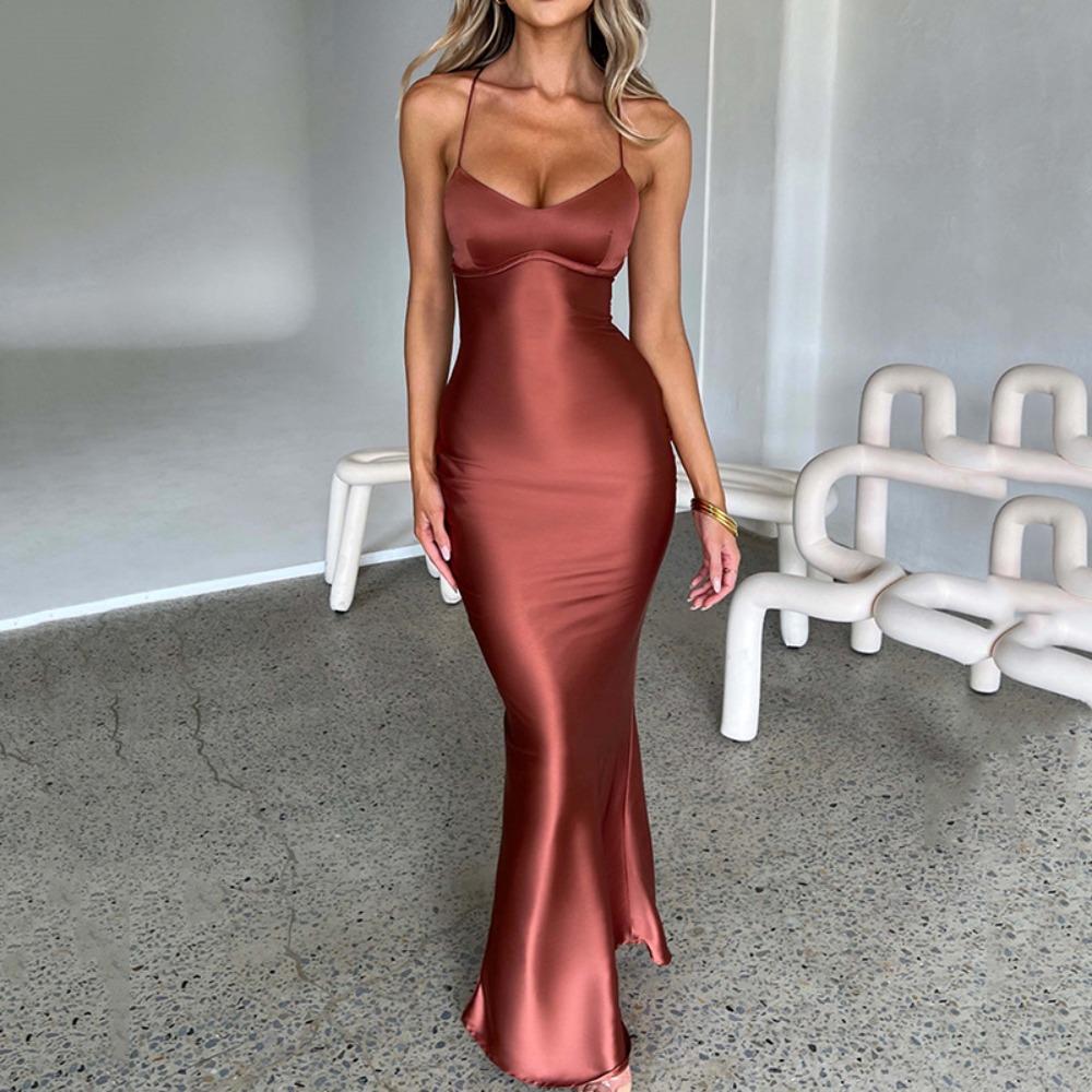 Women's V Neck Sleeveless Maxi Dress Slim Fit High Waist Mermaid Dress Satin Spaghetti Strap Criss Cross Back Tie Backless Wedding Party Long Dress