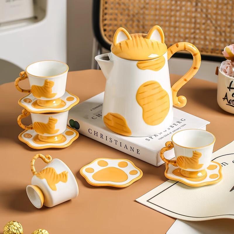 Niedliches Katzen-Teekannen- und Tassenset aus Keramik