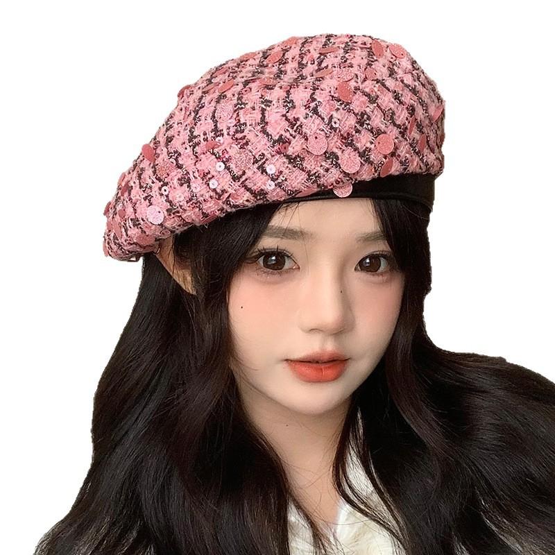Beret Women's Autumn and Winter Versatile Fashion Sequin Big Head Painter Hat French Casual Sweet Cute Newspaper Hat