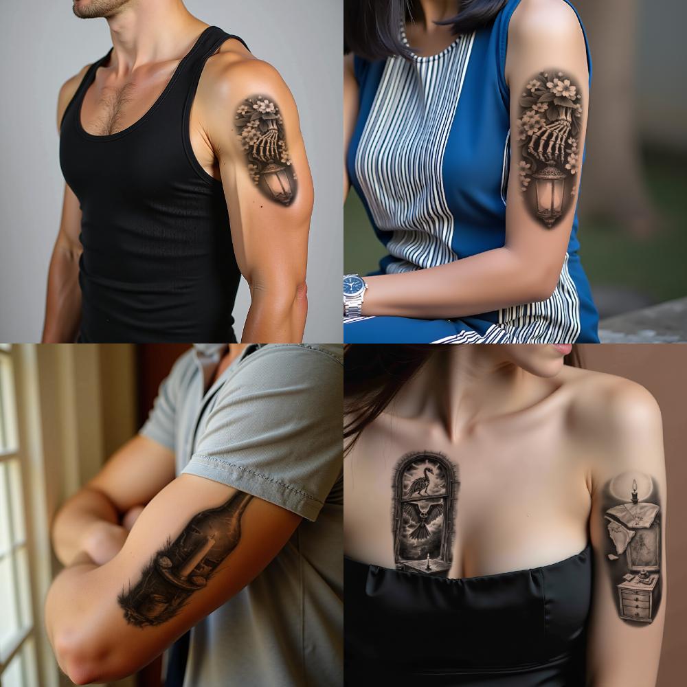 3pcs Temporary Tattoo Black And Grey Realism Candle And Bottle Cauldron With Smoke Sky And Bird For Adults Thighs Women