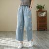 Women Jeans Denim Crop Harem Pants Embroidered Wide Leg Jeans