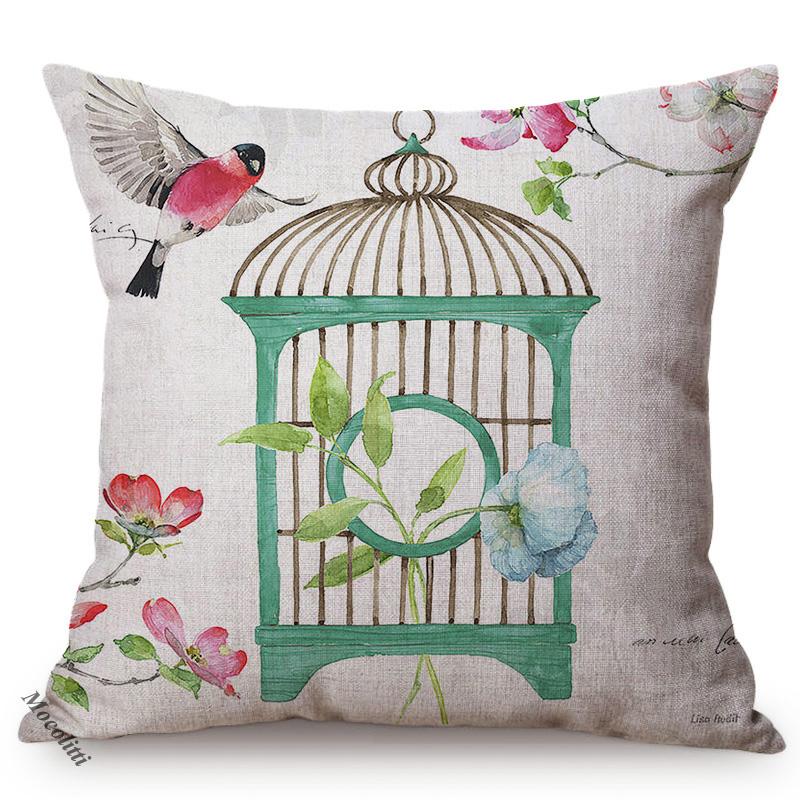 Nordic Water Color Birdcage Birds Sofa Decoration Throw Pillow Case Plum Blossom Garden Cotton Linen Print Cushion Cover Cojines
