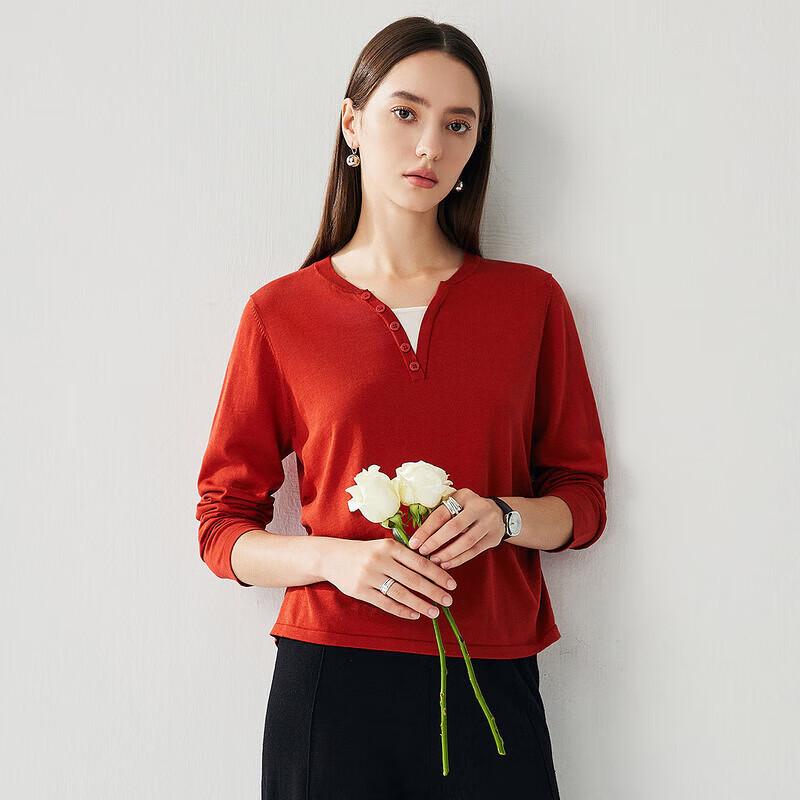 Zhaojun Damen Faux Zweiteiler Seidenstrick Langarm T-Shirt