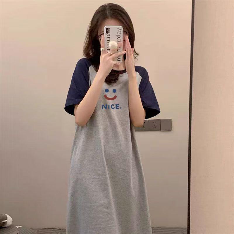 

Women s Cute Cartoon Short Sleeve Pajama Dress - Mid-Length Skirt, Round Neck, Imitation Cotton Homewear One Size (M-2XL)