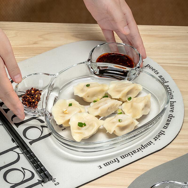 Cartoon Glass Divided Dumpling Plate with Dipping Dish