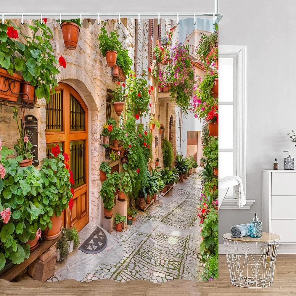 Vintage European Style Street View Shower Curtain Street View Old Stone Wall Plant Bathroom Curtain Bath Decoration