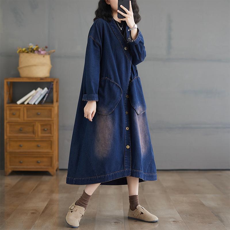 Dimanaf 2024 Autumn Denim Jackets Long Coat Casual Long Sleeve Shirt Women Loose Blue Vintage Lady Vintage Tops Plus Size