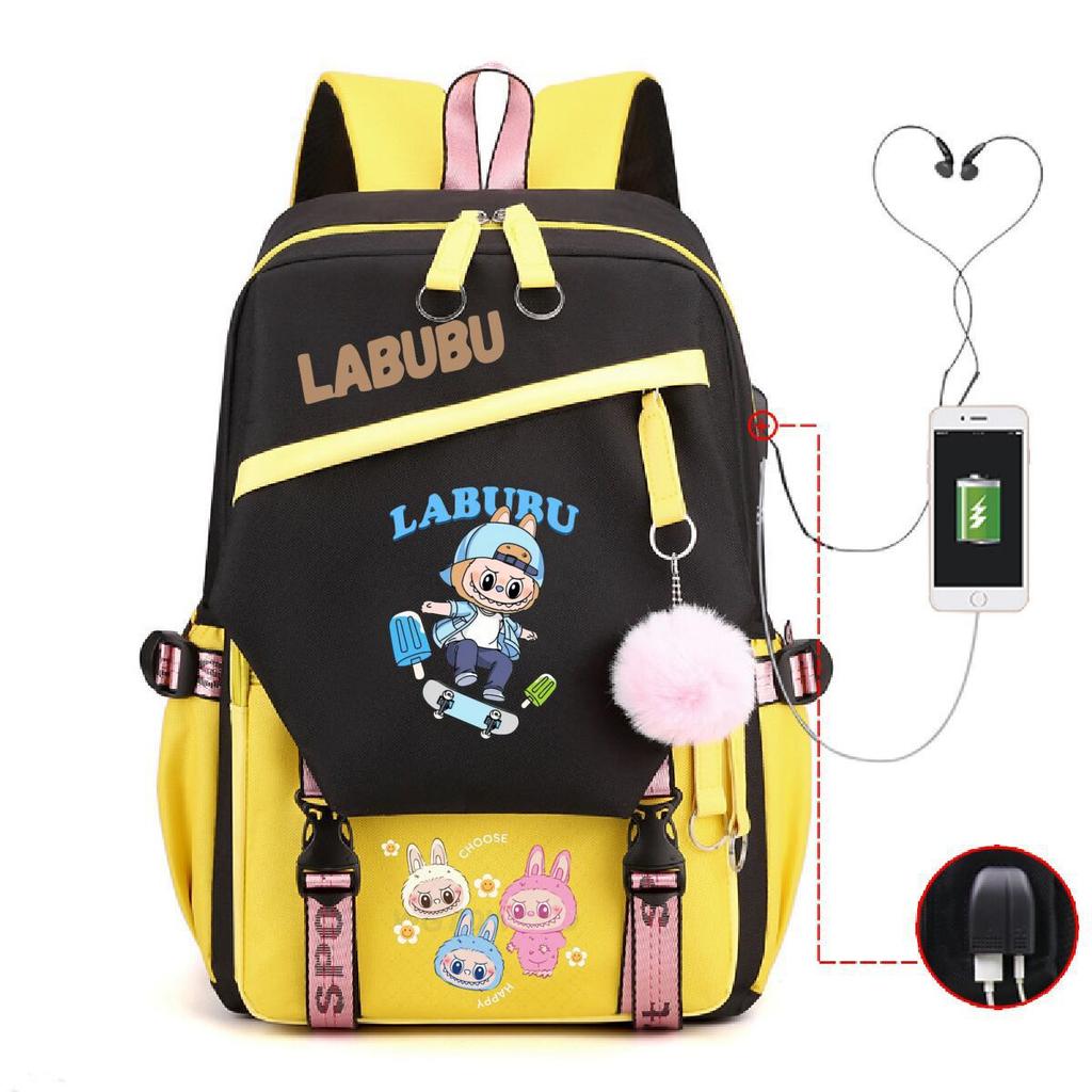 Labubu printed student schoolbag multi-function large capacity backpack with USB port
