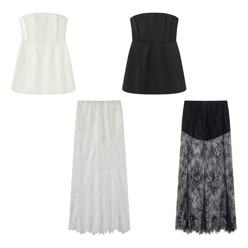 Kaslead New Arrival Women's Clothing Fashion Style Fashion Waist-Controlled Tube Top Vest High Waist Lace Long Dress Suit