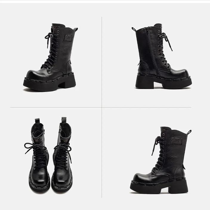 Johnature Genuine Leather Retro Thick Soled Mid-calf Boots Versatile Round Toe Women's Platform Boots