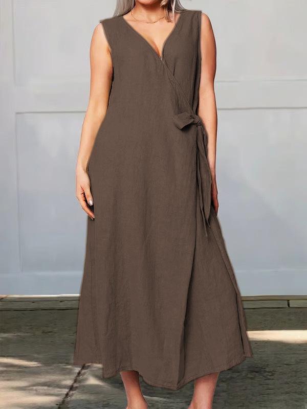 Women s 2026 Summer Casual Lace-Up Solid Sleeveless Cotton Linen Dress L