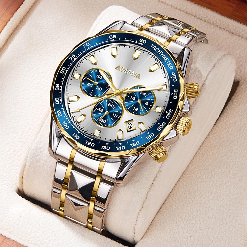 Men's Chronograph Quartz Watch Calendar Waterproof Luminous Stainless Steel Strap Luxury Wrist Watch for Men