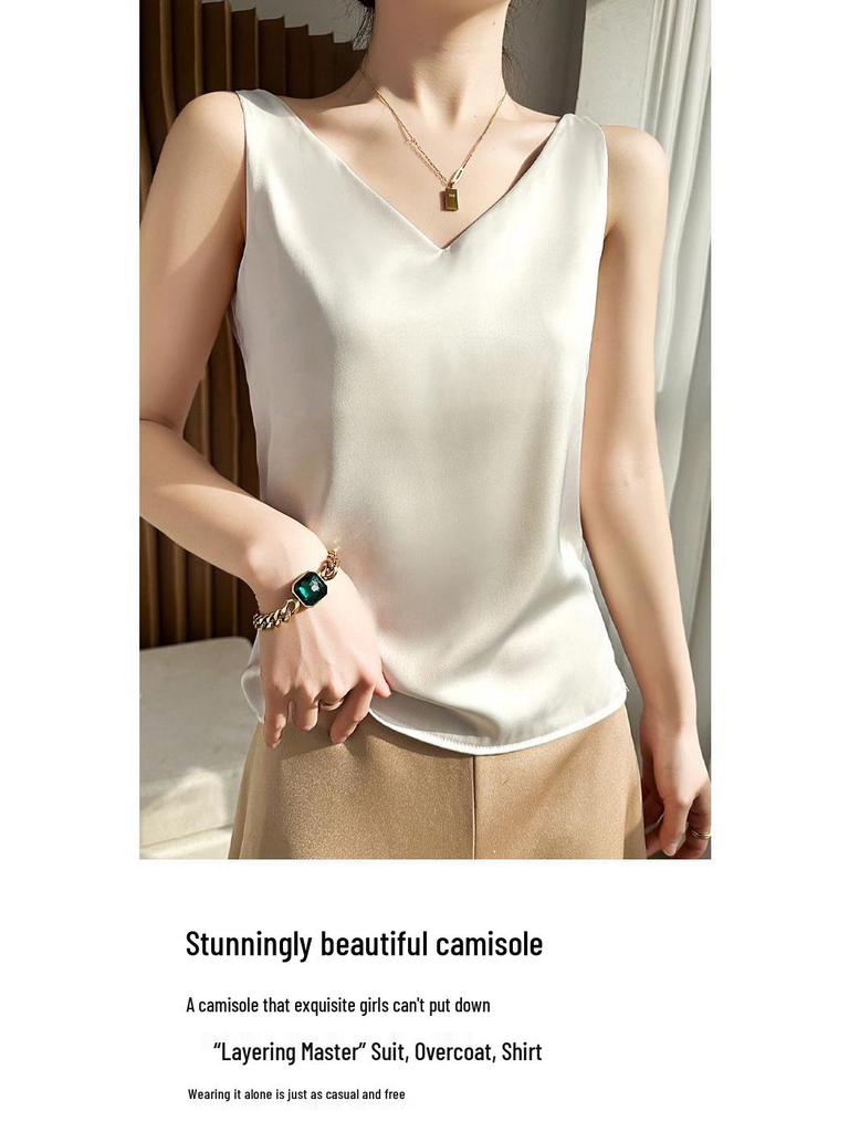 Ice Silk V-Neck Camisole for Women – Loose, Belly-Covering Satin Layer for Spring/Summer