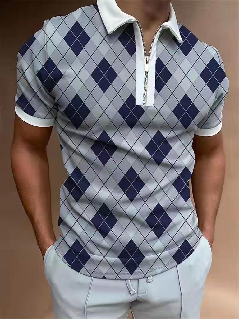 Modern Zip-up Short Sleeve Polo Shirt, Houndstooth Pattern for Versatile Casual Look