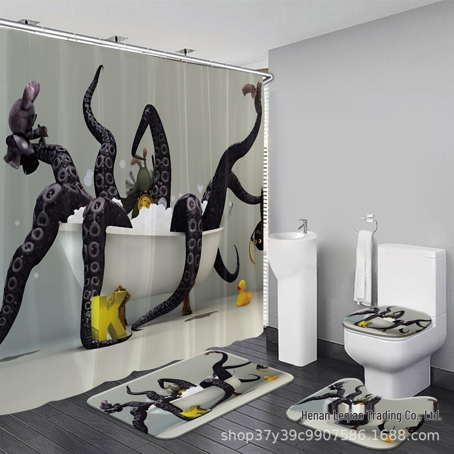 Custom Octopus Pattern Shower Curtain Set - Four Pieces, Personalized Design Includes 12 hooks