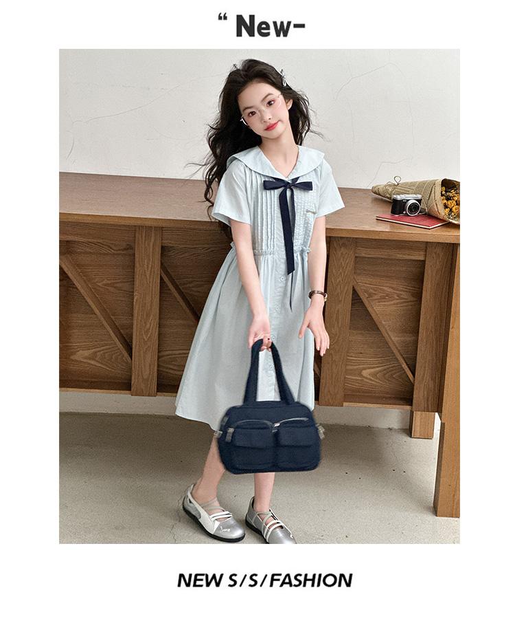 Girls' Korean version college style summer dress, new summer children's stylish navy collar bow dress