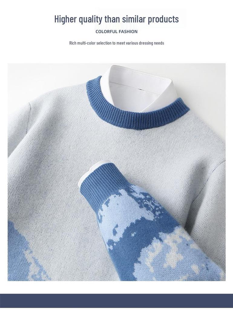 Men's High-End Pure Wool Patchwork Sweater - Winter Round Neck Cashmere Knit, New Style Base Layer