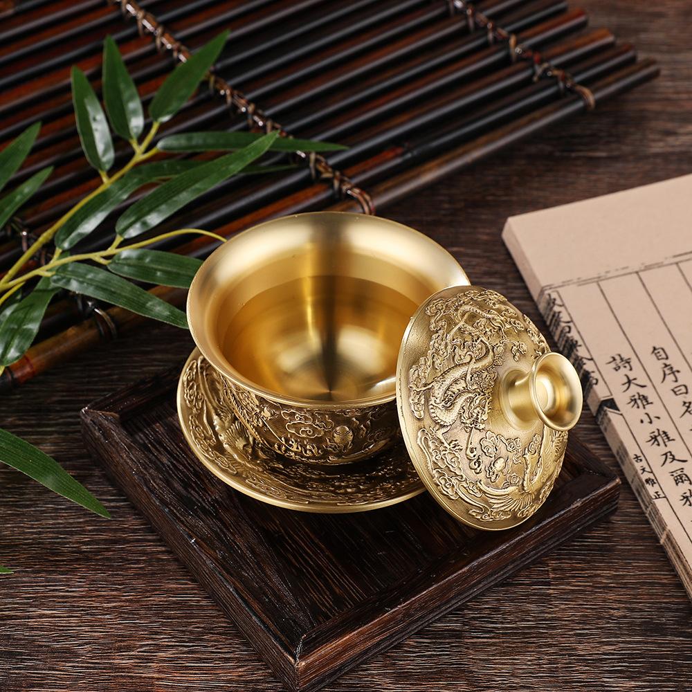 Brass Creative Tea Set, Dragon and Phoenix Chengxiang Tea Bowl, Chinese Tea Cup, Water Supply Bowl, Handicraft, Home Decoration