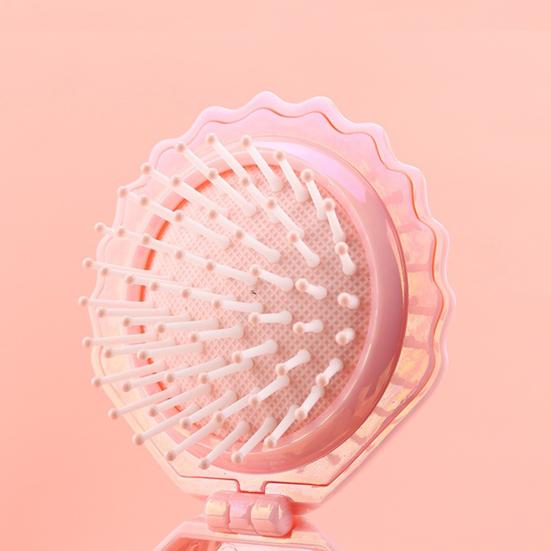 2-In-1 Mini Air Cushion Brush with Makeup Mirror Portable Shell Shape Travel Hair Comb Women Girls Folding Round Mirror Scalp