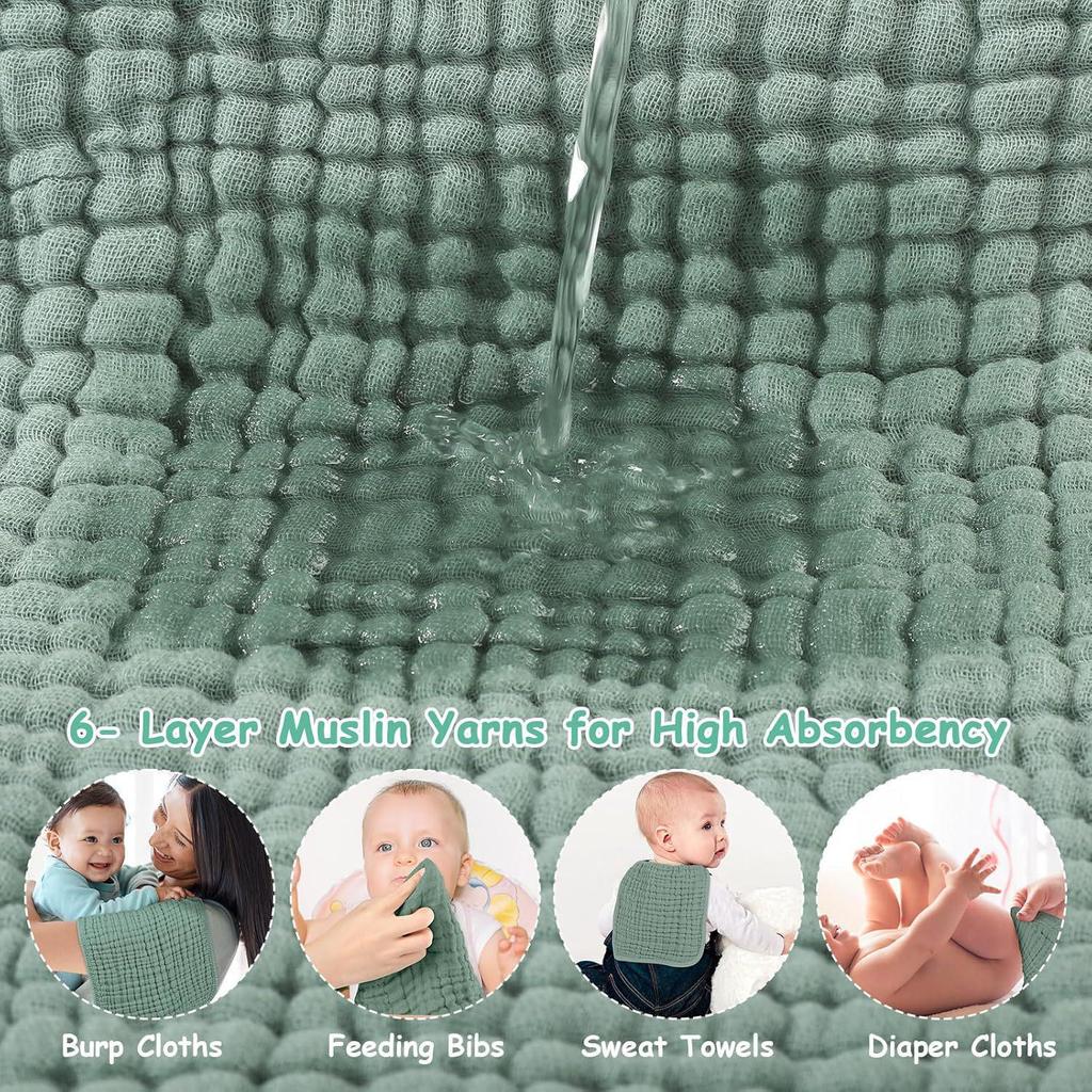 Muslin Burp Cloths - 25x50cm Pure Cotton, Six-Layer Solid Color Gauze Towels for Babies