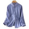 Asymmetric Pleated Blue Striped Shirt for Women Long Sleeve Autumn Design Niche Top Pure Cotton White Shirt